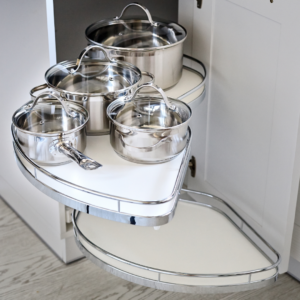 saucepans on a corner pull out shelf system