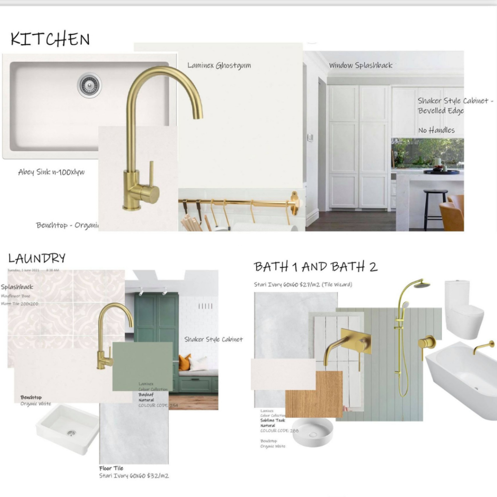 collage of mood boards for kitchen, laundry and 2 bathrooms featuring gold tapware, white sinks and bathtub and green paint swatches