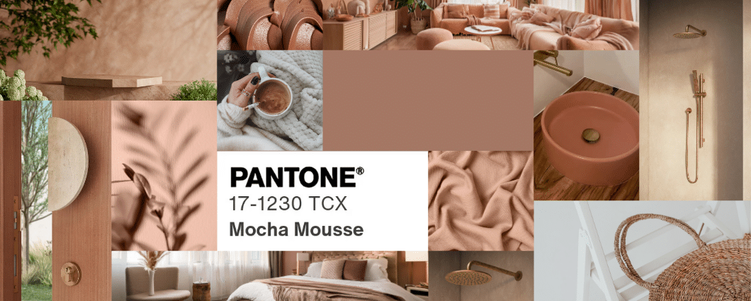 Collage of various textures and finishes as well as products in colours similar to the Pantone Mocha Mousse colour